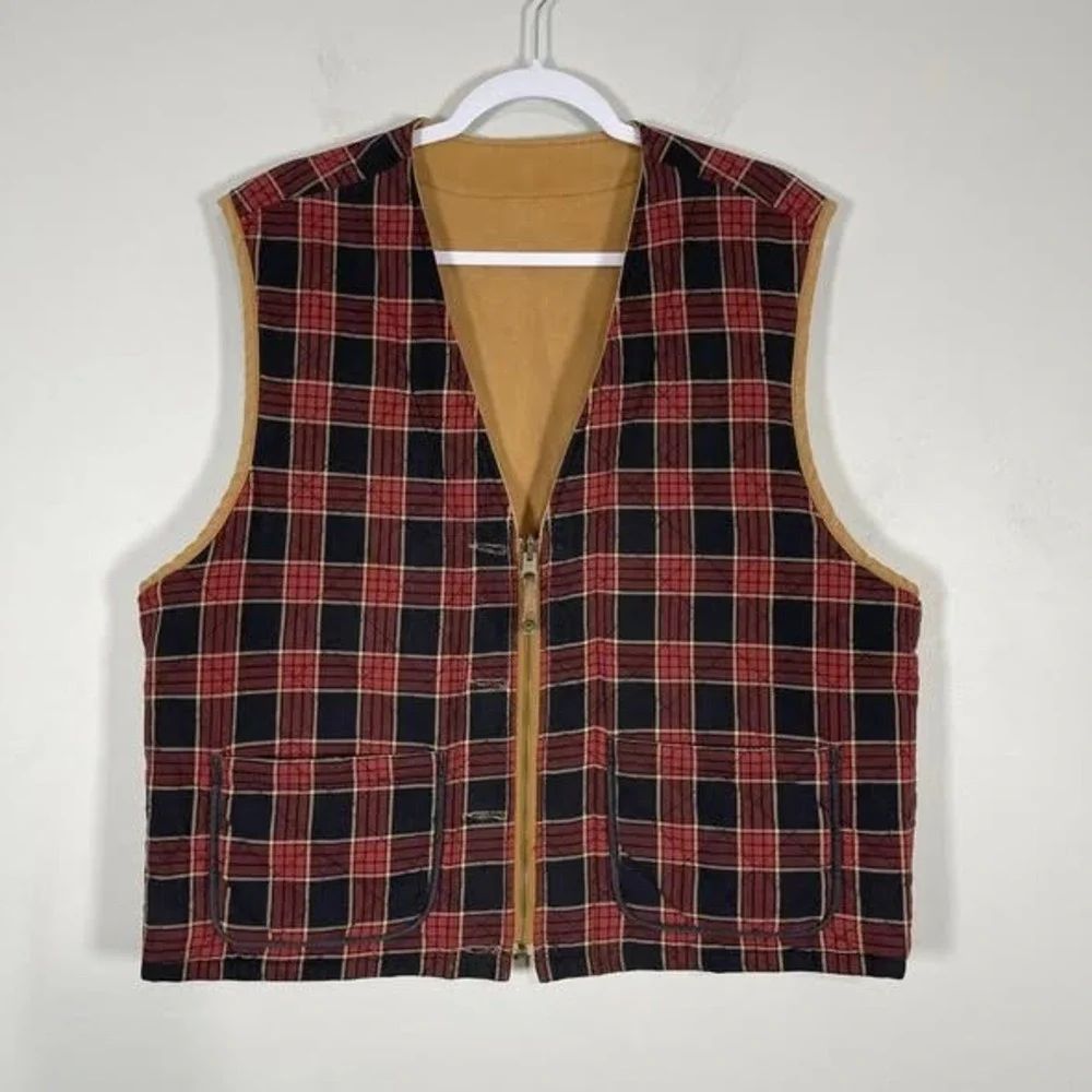 VTG Banana Republic Canvas Field Vest Men LG Hunting Utility Tan Plaid Lined USA